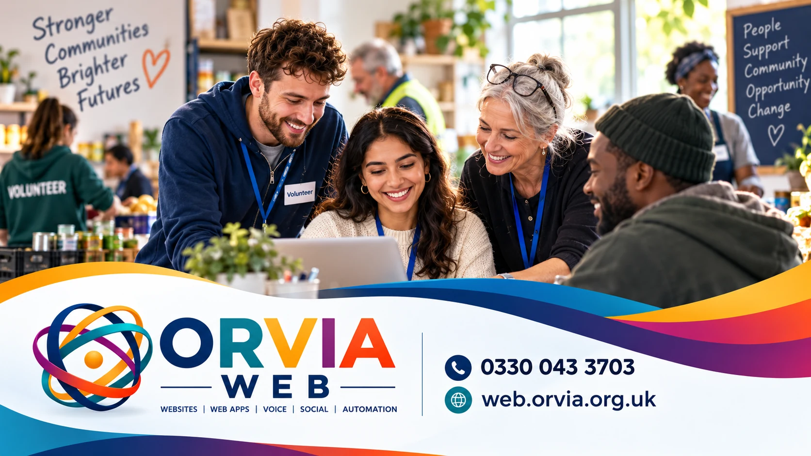 ORVIA Web community services graphic with volunteers working together.