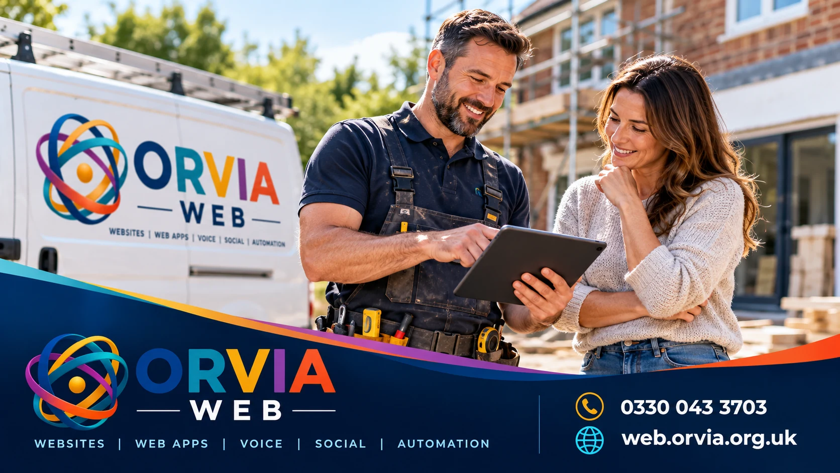 ORVIA Web trade services graphic showing a tradesperson and customer beside a branded van.