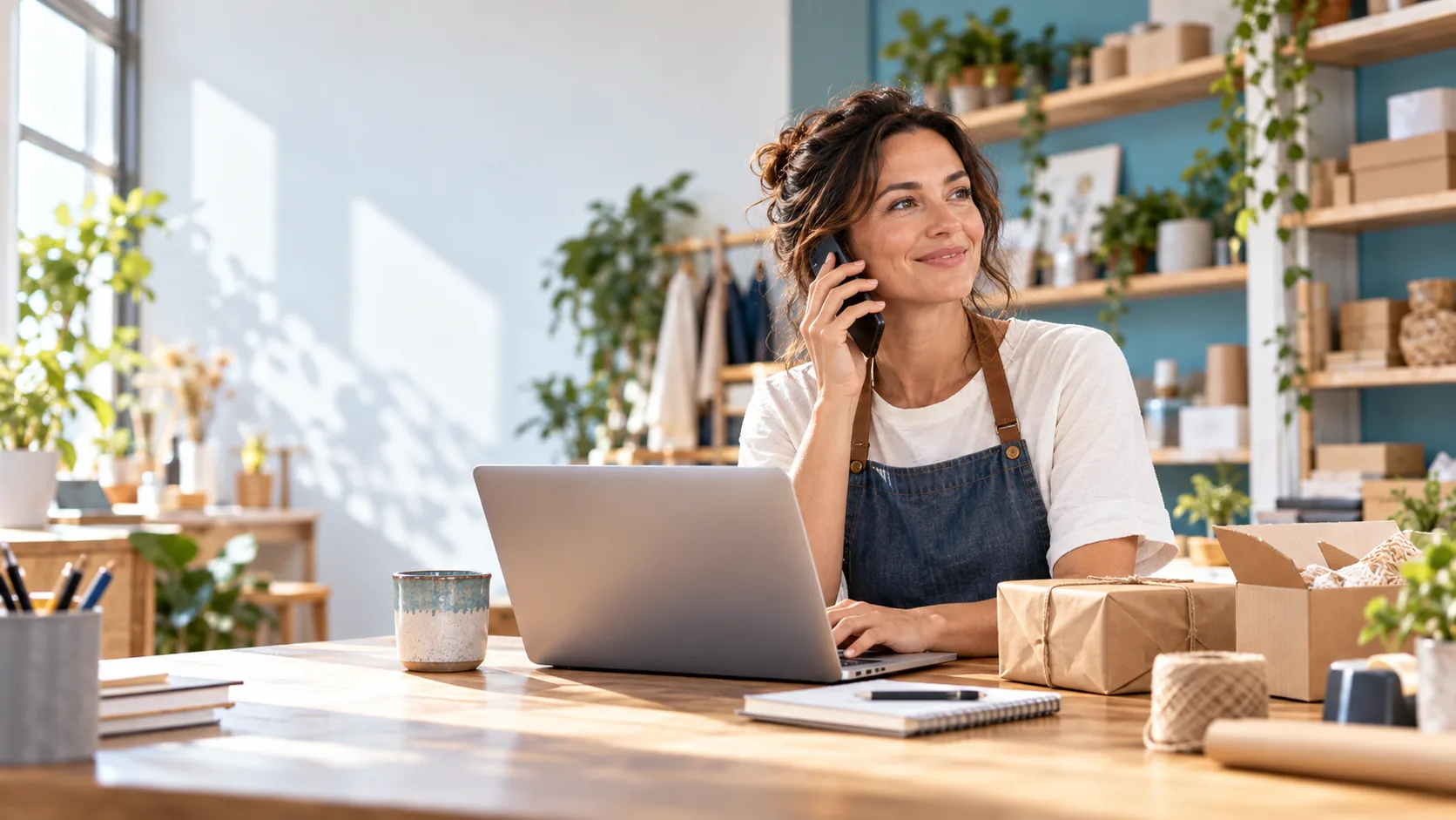 Small business owner managing her business from a laptop.