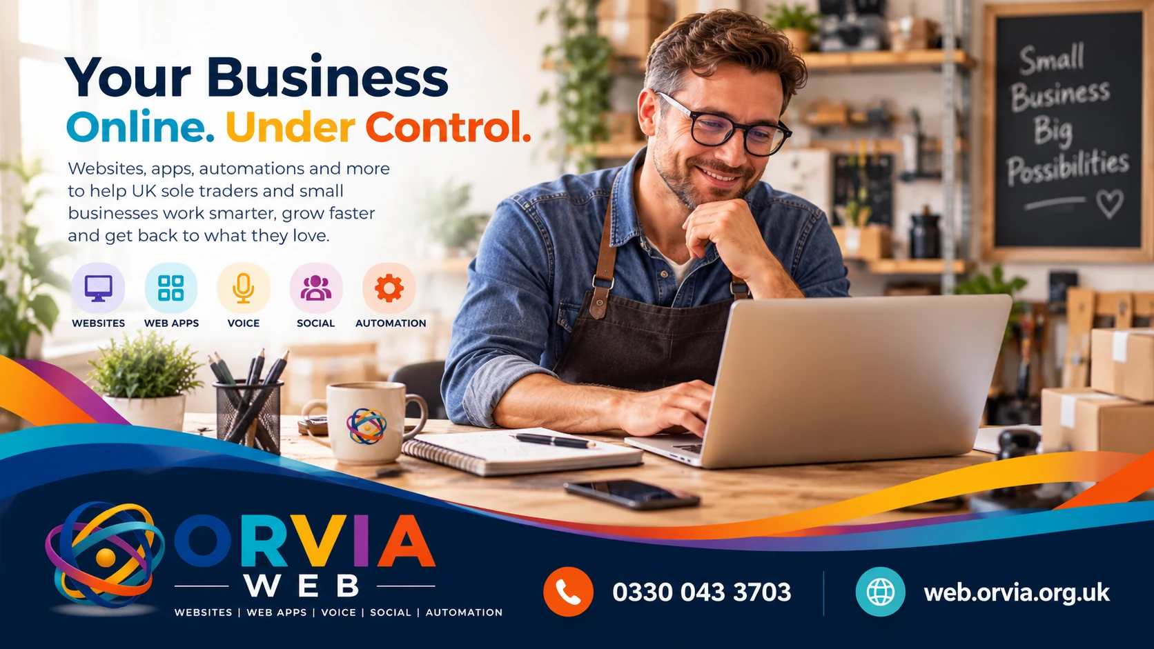 ORVIA Web graphic: Your Business. Online. Under Control. Websites, web apps, Voice, social and automation.